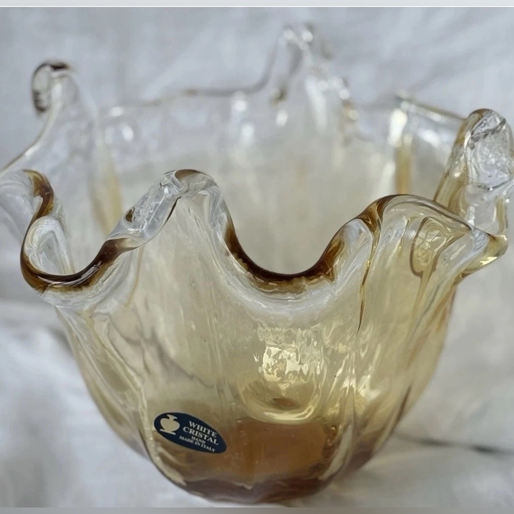 Murano White Cristal Honey Amber Art Glass Bowl